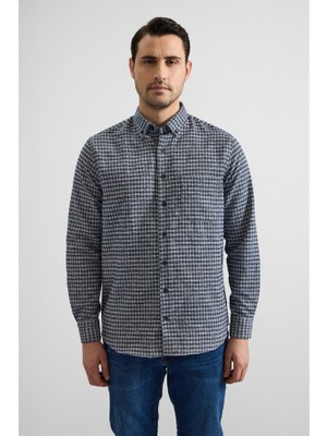 Süvari Lacivert Regular Düğmeli Yaka Kareli Casual Gömlek