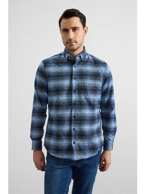 Süvari Lacivert Regular Düğmeli Yaka Kareli Casual Gömlek