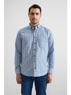 Süvari Buz Mavi Regular Düğmeli Yaka Kareli Casual Gömlek