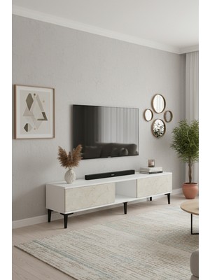 Ceneyra TSA1599BT - Aplos TSA150 Tv Stand, Tv Sehpası, Tv Ünitesi 150CM Beyaz-Traverten