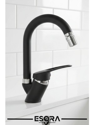 Esora Siyah Baston Borulu Mix Lavabo Bataryası Çift Su Girişli Perletörlü Musluk Çeşme 2 Yıl Garanti