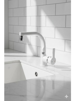 Esora Beyaz Balık Sırtı Delta Lavabo Bataryası Oynar Başlıklı Çift Su Girişli Lavabo Musluğu Çeşme