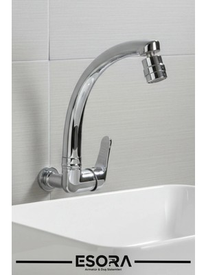 Esora 360° Oynar Başlıklı Kuğu Borulu Duvardan Tek Su Mutfak - Banyo ve Lavabo Bataryası