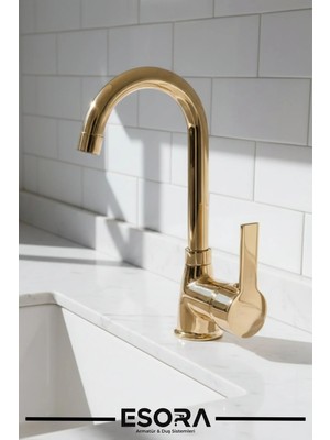 Esora Full Gold Banyo Lavabo Bataryası Musluğu Çeşmesi Çift Su Girişli
