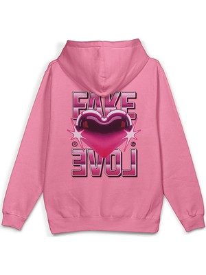 Overoz Fake Love Sırt Baskılı Kapüşonlu Oversize Sweatshirt Pembe Hoodie 1404