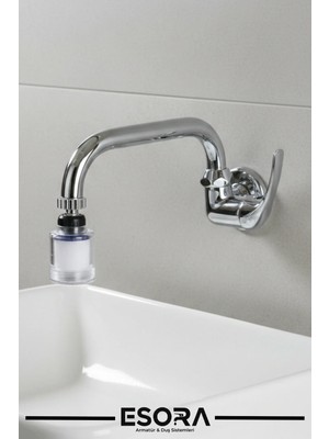Esora Duvardan Tek Su Girişli Kireç Önleyici Lavabo Musluğu - Pamuk Filtreli Başlıklı Batarya