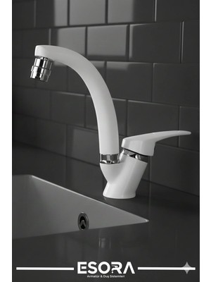 Esora Beyaz Krom Mix Oynar Başlıklı Lavabo Bataryası Çift Su Grişli Çeşme Banyo Musluğu Mutfak Çeşmesi
