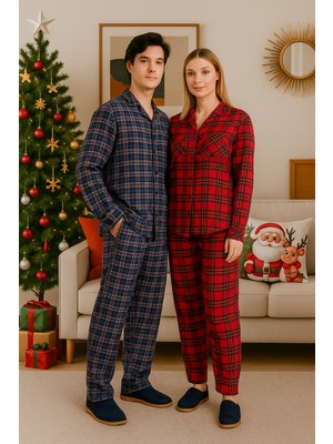 Made By Alisha Kareli Ekose Pamuklu Ceket Yaka Önden Düğmeli Erkek Pijama Takımı