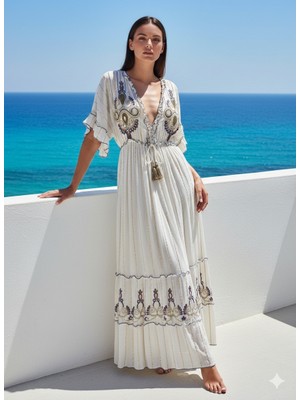 Fibula Zarif Otantik ve Bohem Işlemeli % Yüz Pamuk Standart Beden Ithal Maxi Elbise 36-44 Bedenler Arası Olur