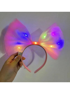 Aesco Çocuk   rengarenk LED Işıklı Fiyonk Şekilli Tül Parti Tacı Pembe Renk 25X25 cm