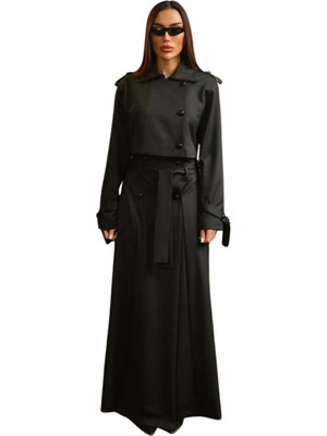 Mya Kadın Ceket-Etek Takım | Vatkalı Gömlek Yaka Düğmeli Ceket Takım | Kuşak Detaylı Maxi Etek Takım