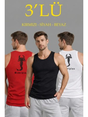 Beruflic Erkek Spor Fitilli Atlet 3lü Set Kırmızı, Siyah ve Beyaz Slim Fit Kaşkorse Arka Baskılı Spor