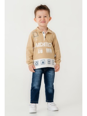 Chicsy Baby Erkek Çocuk Polo Yaka Baskılı Sweatshirt Kot Pantolon Takım 2\'li