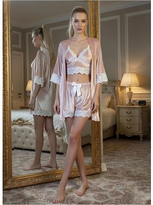 Çamaşır Kenti Pudra Kadife Dantelli Sabahlık & Gecelik Takım 3' Lü - 1438