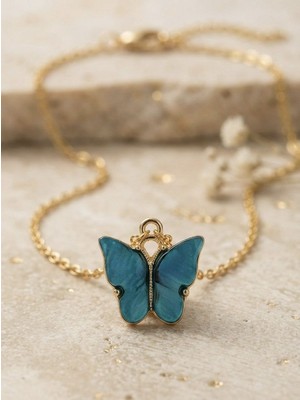 Meneva Aksesuar Mavi Kelebek Figürlü Altın Renk Kolye