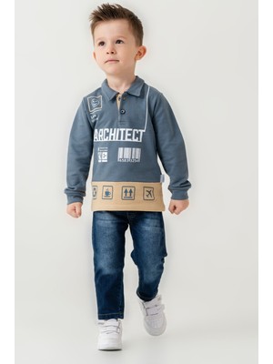 Chicsy Baby Erkek Çocuk Polo Yaka Baskılı Sweatshirt Kot Pantolon Takım 2\'li
