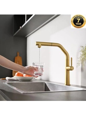 OEM Mutfak Evye Bataryası Su Arıtma Çıkışlı 2 Fonksiyon Fiskiye Spiralli Mat Gold Renk 7 Yıl Garantili Ithal