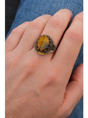 Generic 925 Ayar Gümüş Kaplangözü Taşlı Erkek Yüzük – El Işçiliği/ Ölçü No: 21