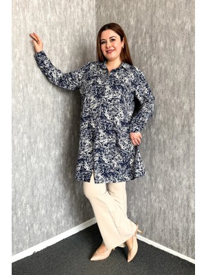 Modaplaza Kadın Dalga Desenli Viskon Uzun Gömlek 7514