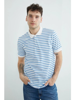 FullaModa Çizgili Polo Yaka Yarım Düğmeli Tişört