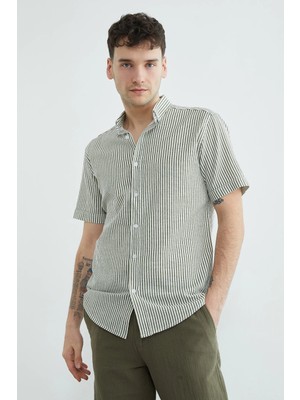 FullaModa Çizgili Keten Görünümlü Kısa Kol Gömlek