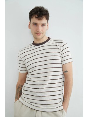 FullaModa Çizgili Bisiklet Yaka Triko Tişört