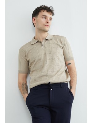 FullaModa Örgü Desenli Polo Yaka Triko Tişört