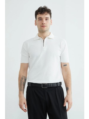 FullaModa Fitilli Polo Yaka Yarım Fermuarlı Triko Tişört