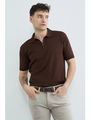 FullaModa Fitilli Polo Yaka Yarım Fermuarlı Triko Tişört