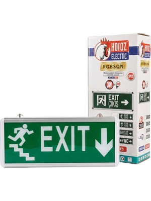 Ett Horoz Robson 3W 160 Lümen Şarjlı Acil Merdiven Aşağı Çıkış Exit Levhası (2'li Paket)