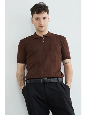 FullaModa Örgü Desenli Polo Yaka Triko Tişört