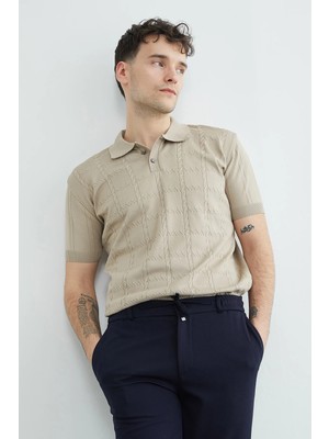 FullaModa Örgü Desenli Polo Yaka Triko Tişört