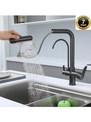 OEM Mutfak Evye Bataryası Dual Flow Su Arıtma Çıkışlı 5 Fonksiyon Fiskiye Spiralli 7 Yıl Garantili Ithal Antrasit Renk