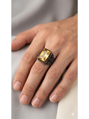 Generic 925 Ayar Gümüş Sarı Taşlı Erkek Yüzük – El Işçiliği/ Ölçü No: 21