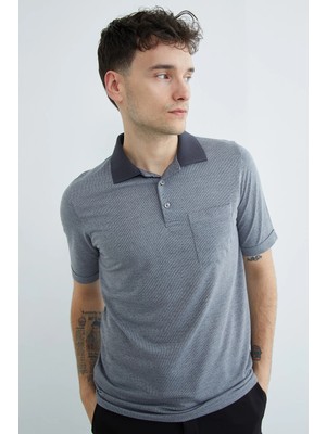 FullaModa Desenli Düğmeli Polo Yaka Tek Cepli Tişört