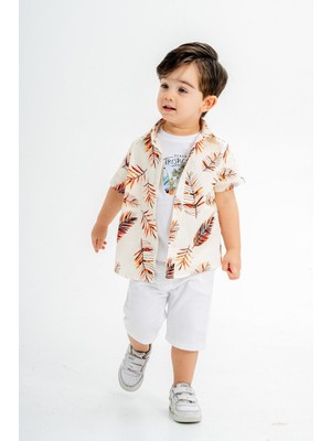 Chicsy Baby Tarz Gömlekli Yaprak Desenli Belden Ayarlanabilir Kısa Kollu Şortlu 3\'lü Takım