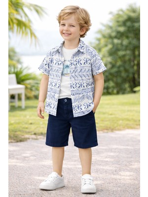 Chicsy Baby Tarz Gömlek Yaprak Desenli Belden Ayarlanabilir Kısa Kollu Şortlu 3\'lü Takım Çocuk ve Bebek Giyim Öz