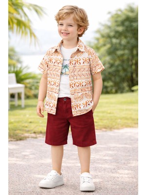 Chicsy Baby Tarz Gömlek Yaprak Desenli Belden Ayarlanabilir Kısa Kollu Şortlu 3\'lü Takım Çocuk ve Bebek Giyim Öz