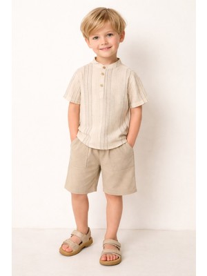 Chicsy Baby Tarz Gömlekli Çizgili Belden Ayarlanabilir Kısa Kollu Şortlu 2\'li Takım Çocuk ve Bebek Giyim