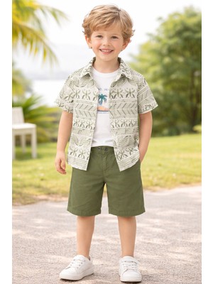 Chicsy Baby Tarz Gömlek Yaprak Desenli Belden Ayarlanabilir Kısa Kollu Şortlu 3\'lü Takım Çocuk ve Bebek Giyim Öz