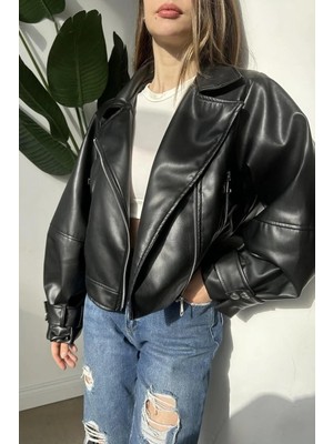 Prifaldi Pb Balon Kol Oversize Siyah Deri Ceket