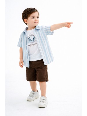 Chicsy Baby Tarz Gömlekli Çizgili Belden Ayarlanabilir Kısa Kollu Şortlu 3\'lü Takım Çocuk ve Bebek Giyim Özel Gü