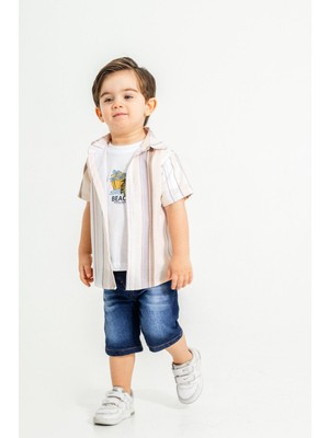 Chicsy Baby Tarz Gömlekli Çizgili Belden Ayarlanabilir Kısa Kollu Şortlu 3\'lü Takım Çocuk ve Bebek Giyim Özel Gü