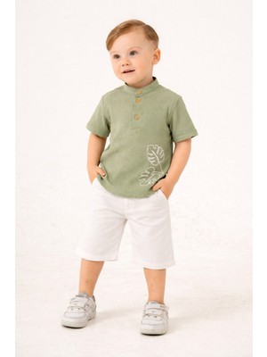 Chicsy Baby Tarz Gömlek Yaprak Desenli Belden Ayarlanabilir Kısa Kollu Şortlu 2\'li Takım