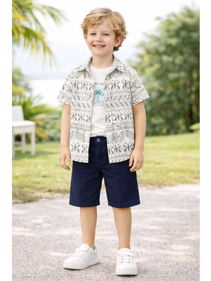 Chicsy Baby Tarz Gömlek Yaprak Desenli Belden Ayarlanabilir Kısa Kollu Şortlu 3\'lü Takım Çocuk ve Bebek Giyim Öz