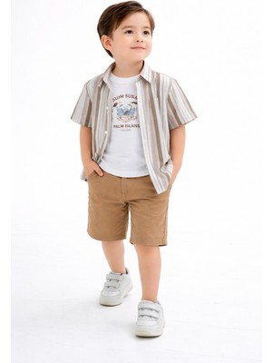 Chicsy Baby Tarz Gömlekli Çizgili Belden Ayarlanabilir Kısa Kollu Şortlu 3\'lü Takım Çocuk ve Bebek Giyim Özel Gü