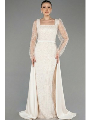 Abiyefon Taşlı Uzun Kol Saten Kuyruklu Büyük Beden Abiye ABU4761