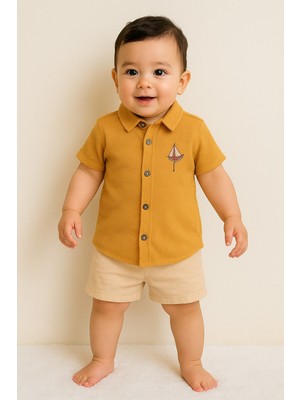 Chicsy Baby Tarz Erkek Bebek Gömlekli Yelken Desenli Belden Ayarlanabilir Kısa Kollu Şortlu 2\'li Takım Çocuk ve