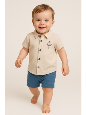 Chicsy Baby Tarz Erkek Bebek Gömlekli Yelken Desenli Belden Ayarlanabilir Kısa Kollu Şortlu 2\'li Takım Çocuk ve
