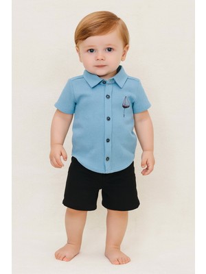 Chicsy Baby Tarz Erkek Bebek Gömlekli Yelken Desenli Belden Ayarlanabilir Kısa Kollu Şortlu 2\'li Takım Çocuk ve